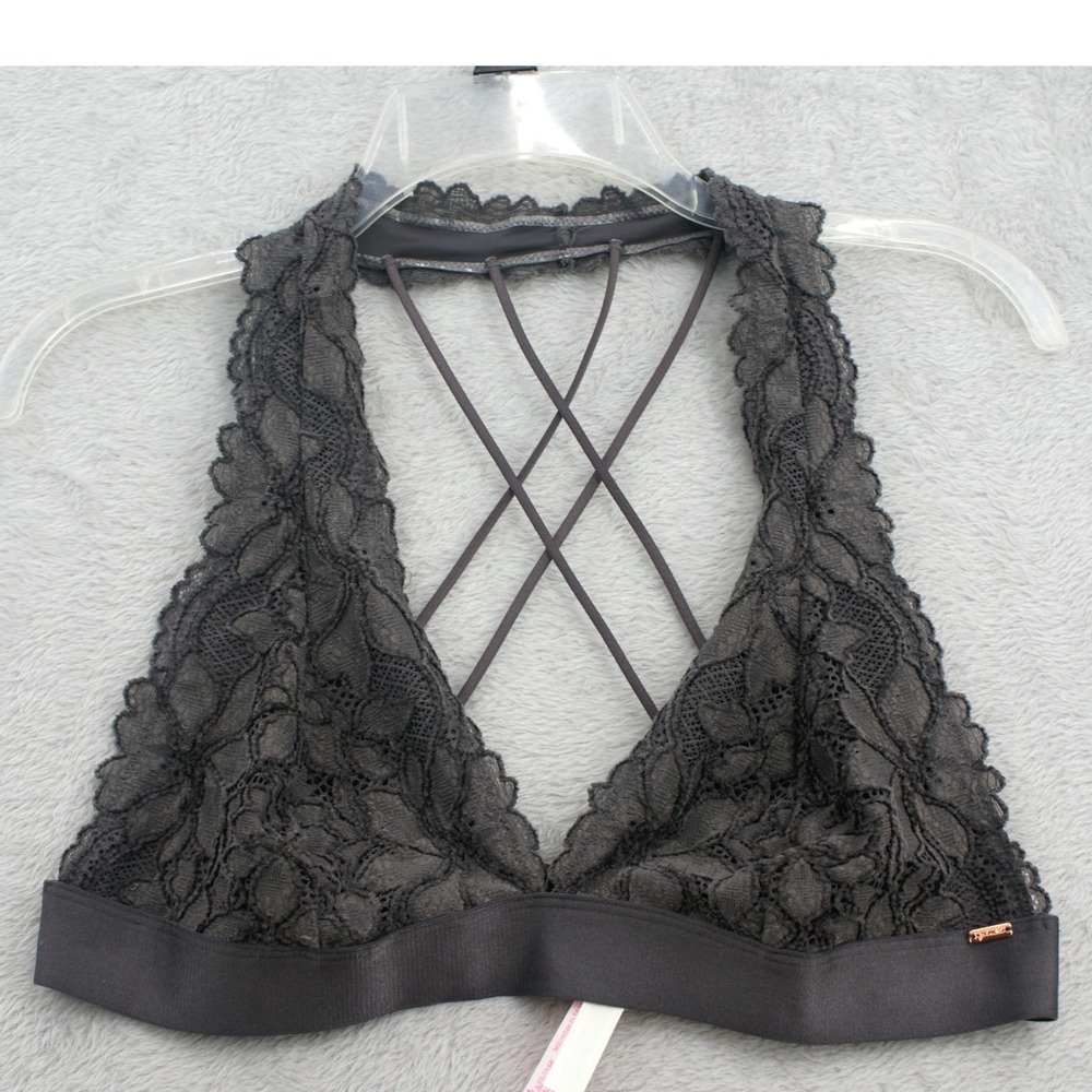 Victorias Secret PINK Gray Floral Lace Halter Bralette Strappy Cage Back‎ XL